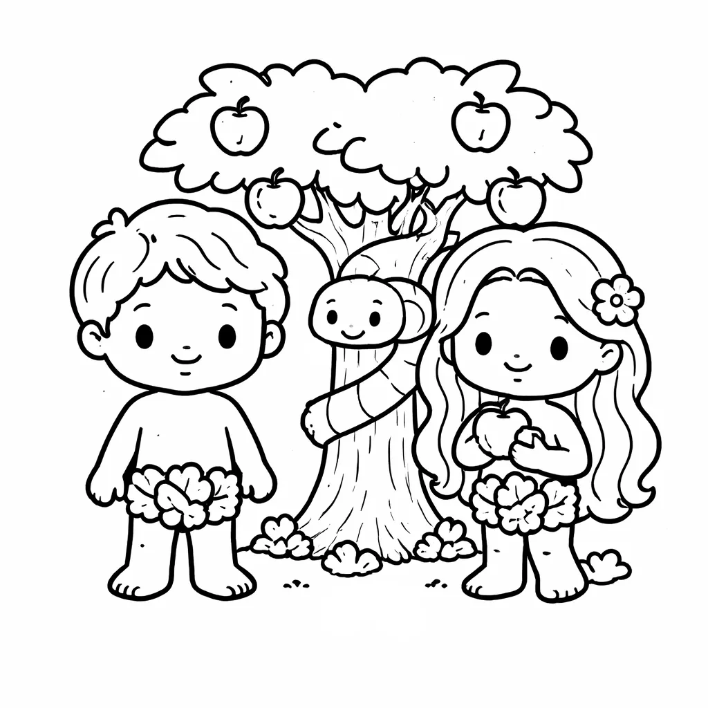 Desenho para colorir de Adão e Eva no jardim