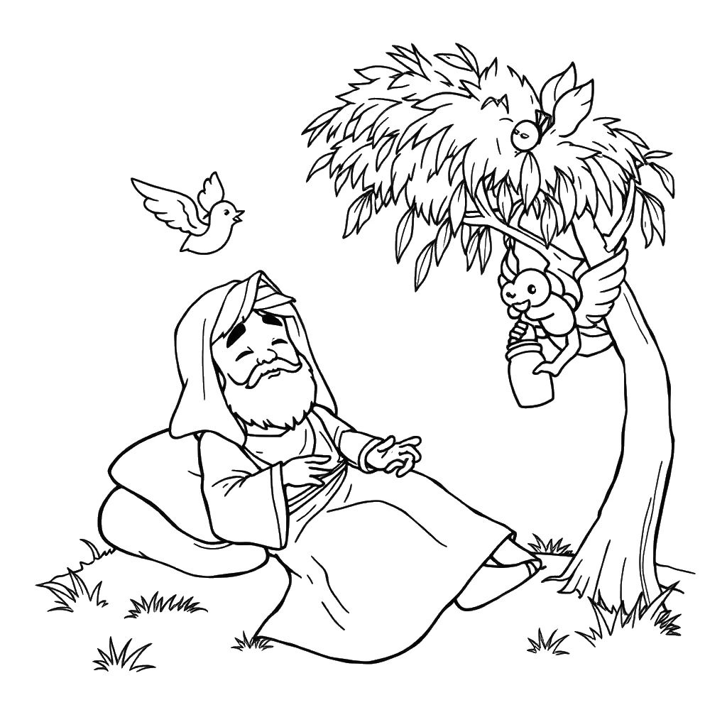 Desenho para colorir do anjo levando pão e água para Elias debaixo da árvore