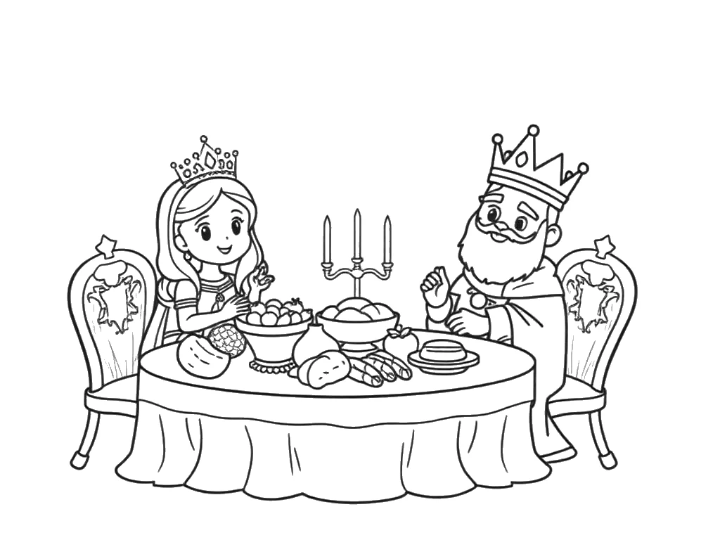 Desenho para colorir do banquete de Ester com o rei à mesa