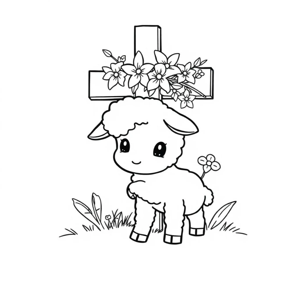 Desenho para colorir de um cordeirinho ao lado da cruz com lírios