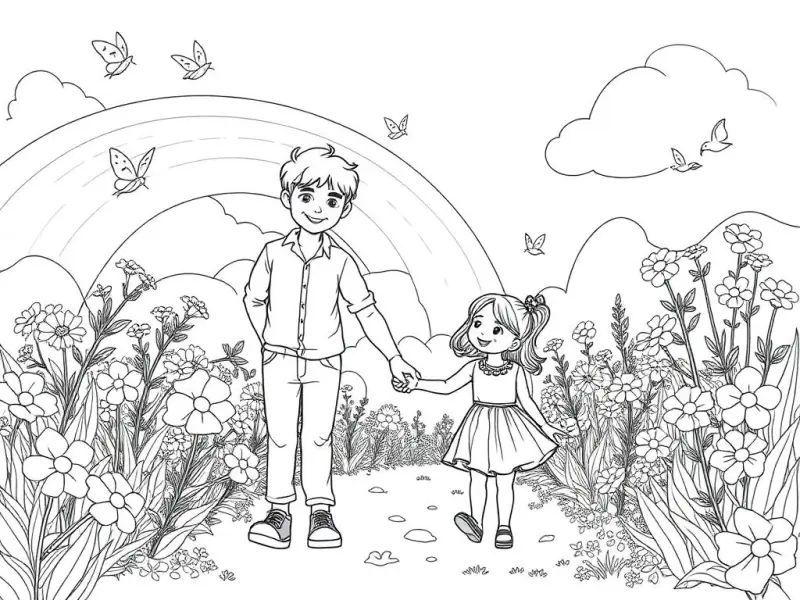 Desenho para colorir de uma menina caminhando de mãos dadas com Jesus