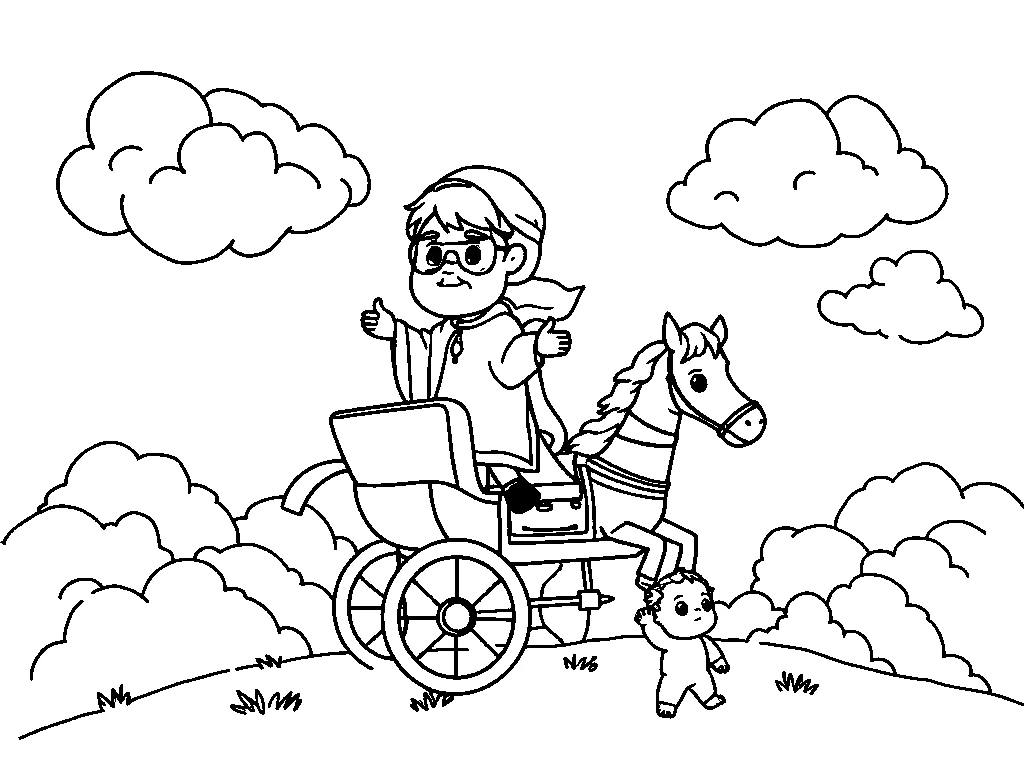 Desenho para colorir de Elias subindo no carro puxado por cavalos entre as nuvens