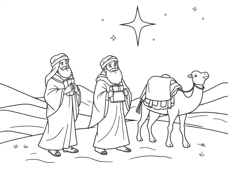 Desenho para colorir dos reis magos seguindo a estrela