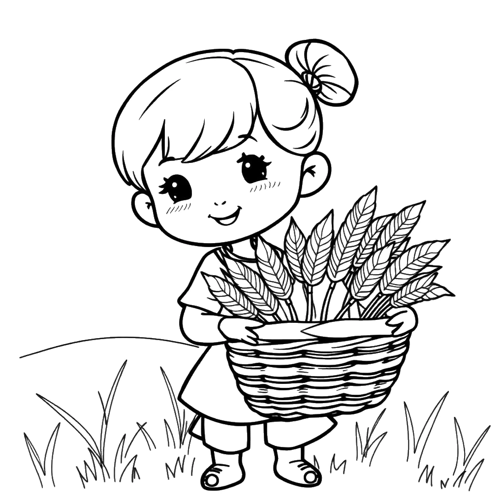 Desenho para colorir de Rute segurando um cesto cheio de espigas de trigo