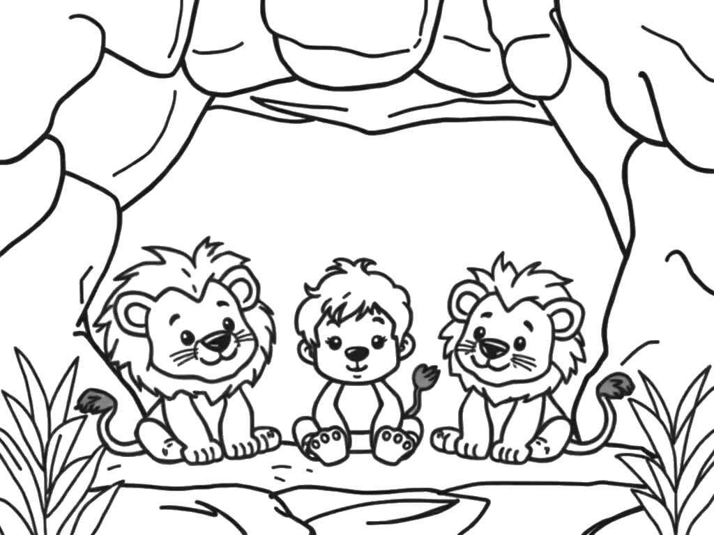 Desenho para colorir de Daniel tranquilo na cova entre dois leões