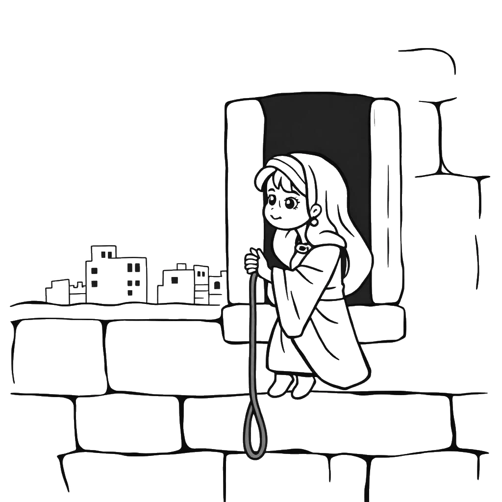 Desenho para colorir de Raabe na janela da muralha descendo o cordão vermelho