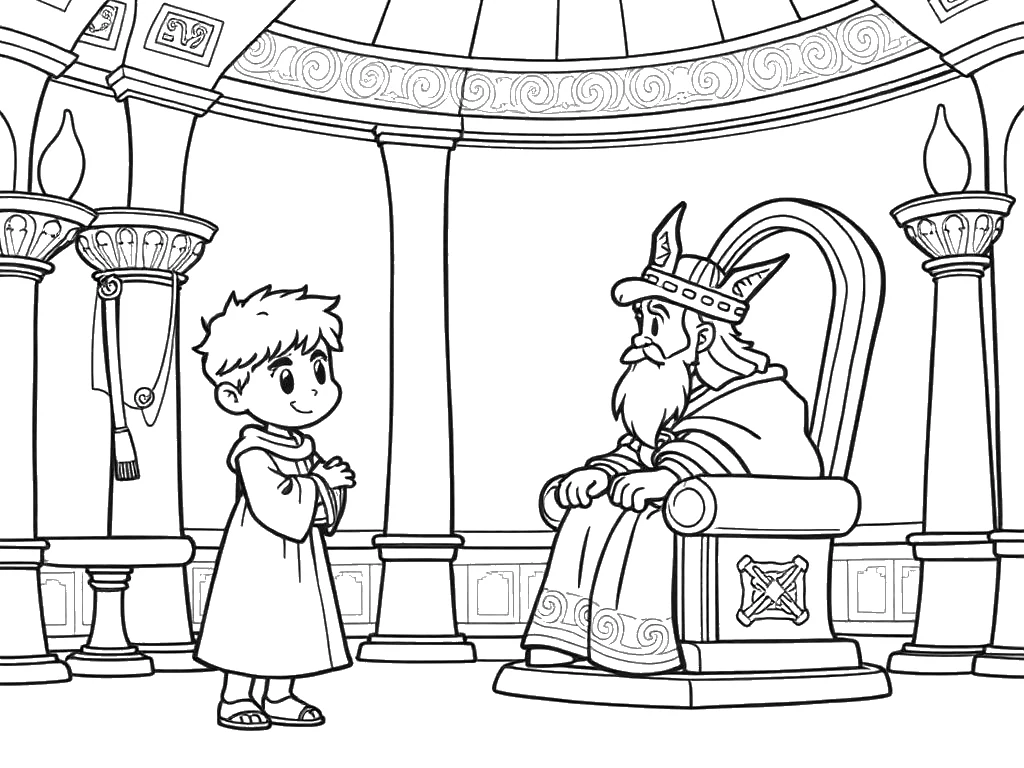Desenho para colorir de Daniel falando com o rei no salão do palácio